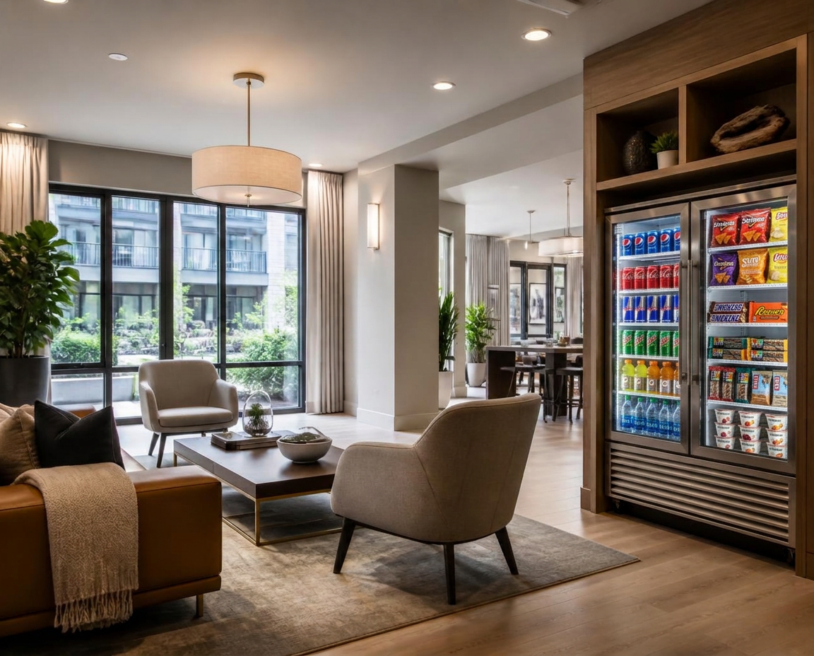 Apartment clubhouse lounge with a glass-front refreshment cooler built into the millwork