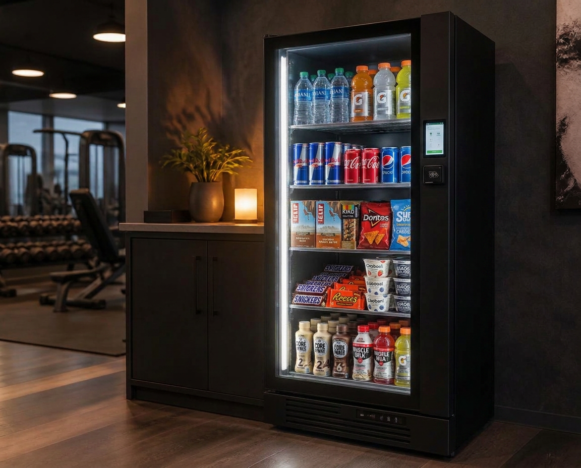 Fitness center refreshment corner with a cooler of water, sports drinks and protein items