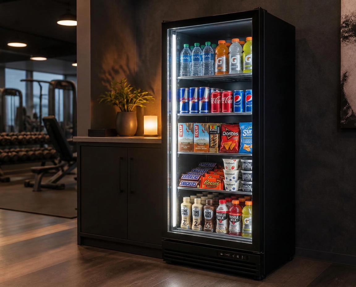 Fitness center refreshment corner with a cooler of water, sports drinks and protein items
