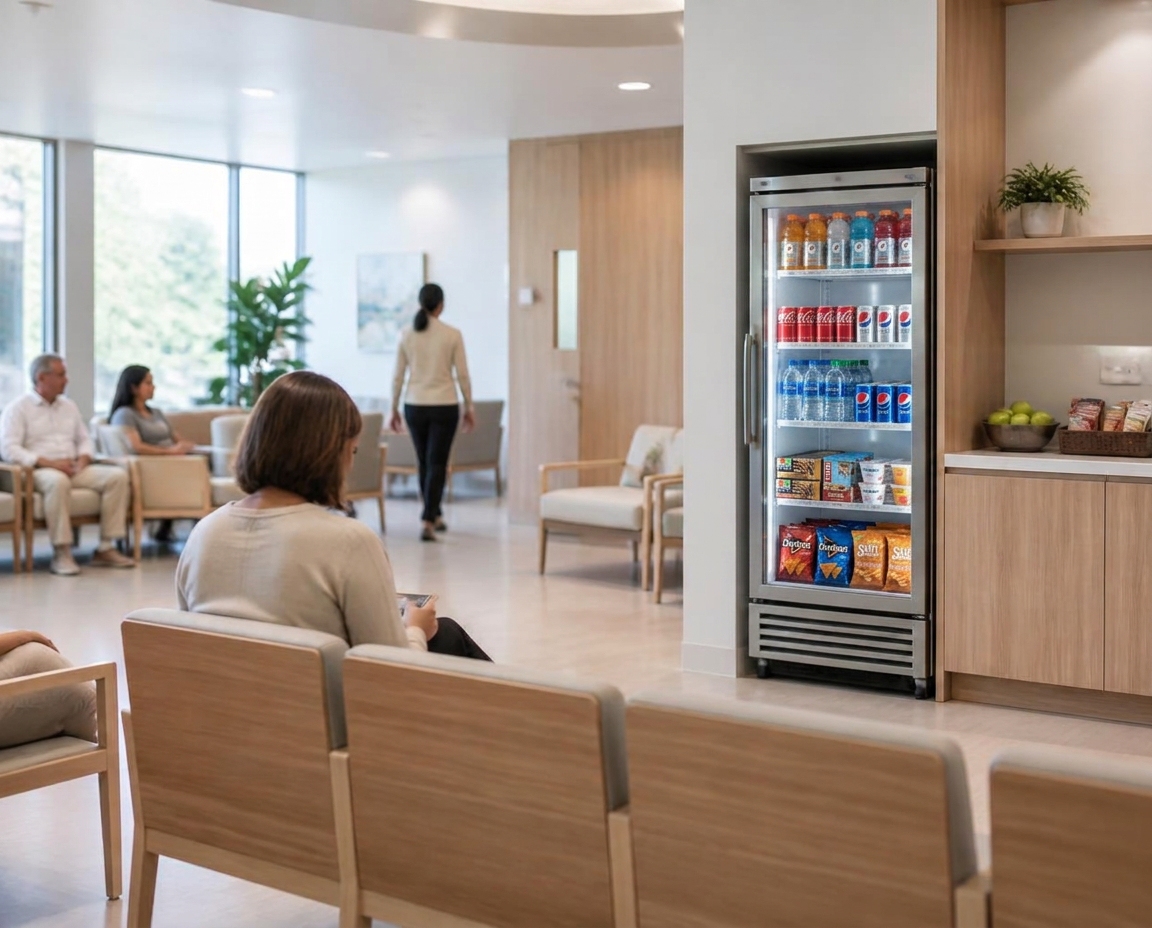 Bright healthcare waiting area with light wood seating and a self-service refreshment cooler