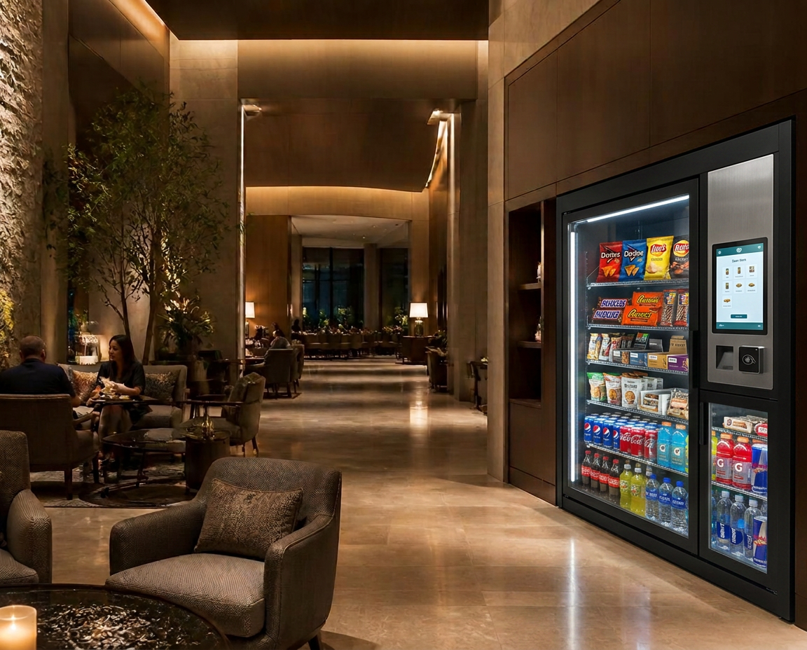 Warmly lit hotel lobby lounge with seating and a discreet self-service refreshment area