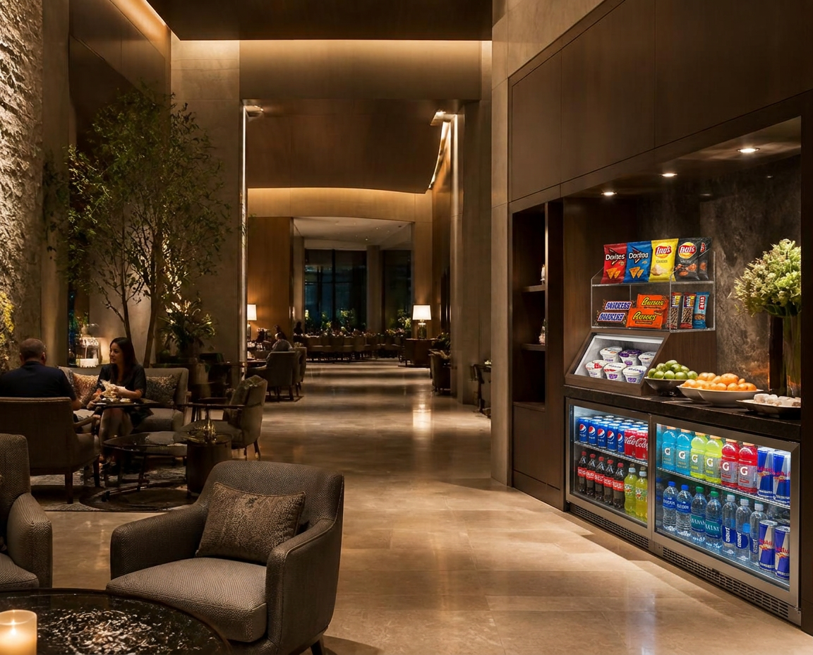 Warmly lit hotel lobby lounge with seating and a discreet self-service refreshment area