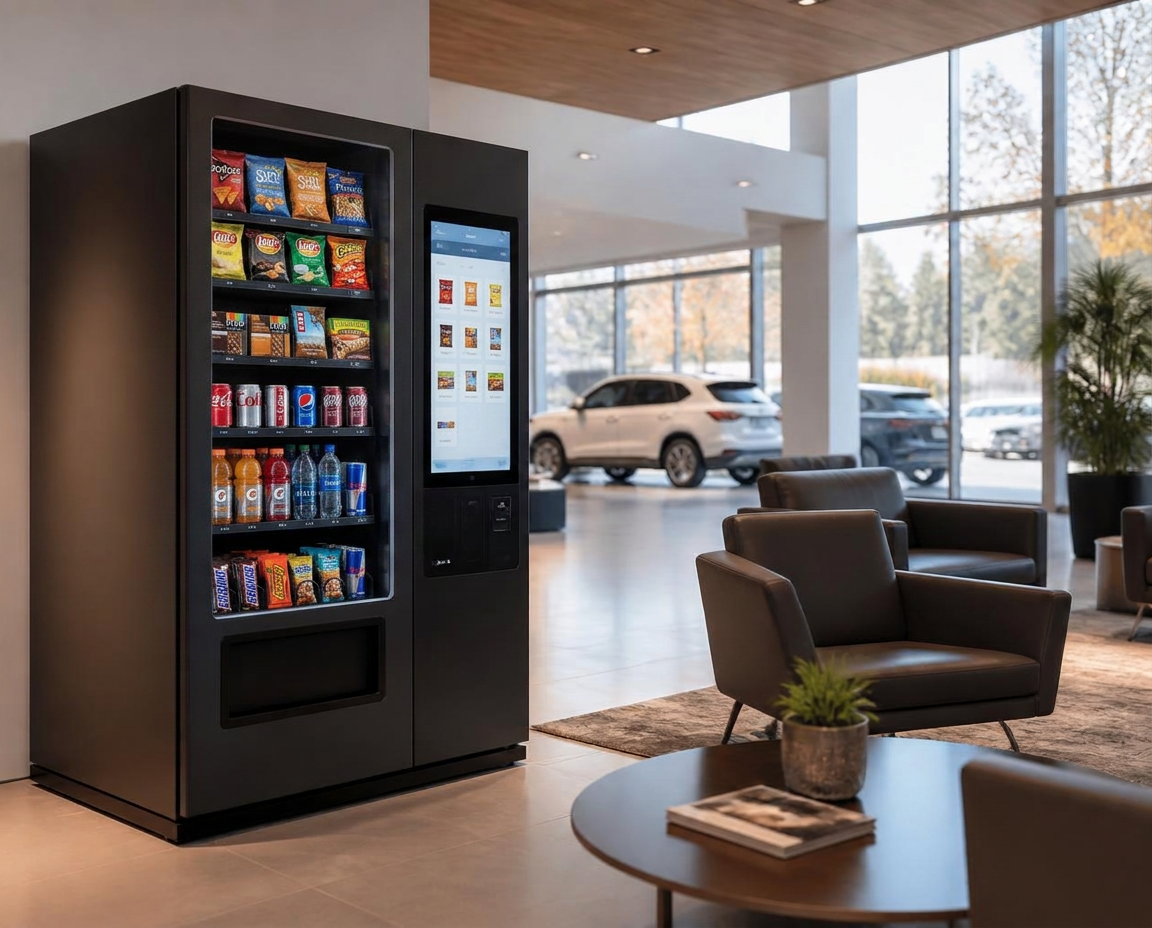 A modern touchscreen vending machine in a polished dealership customer lounge with leather seating