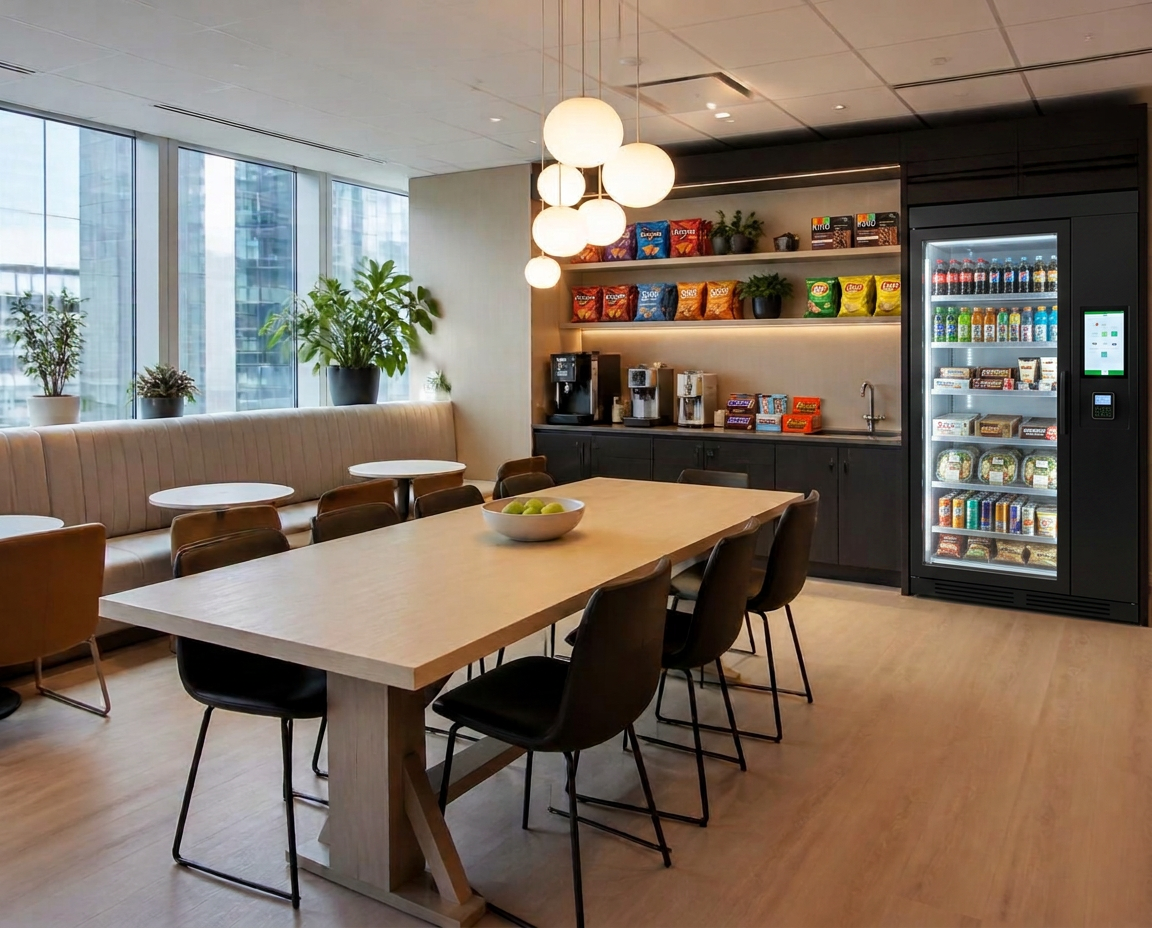 Contemporary employee breakroom with a communal table, coffee station and refreshment cooler