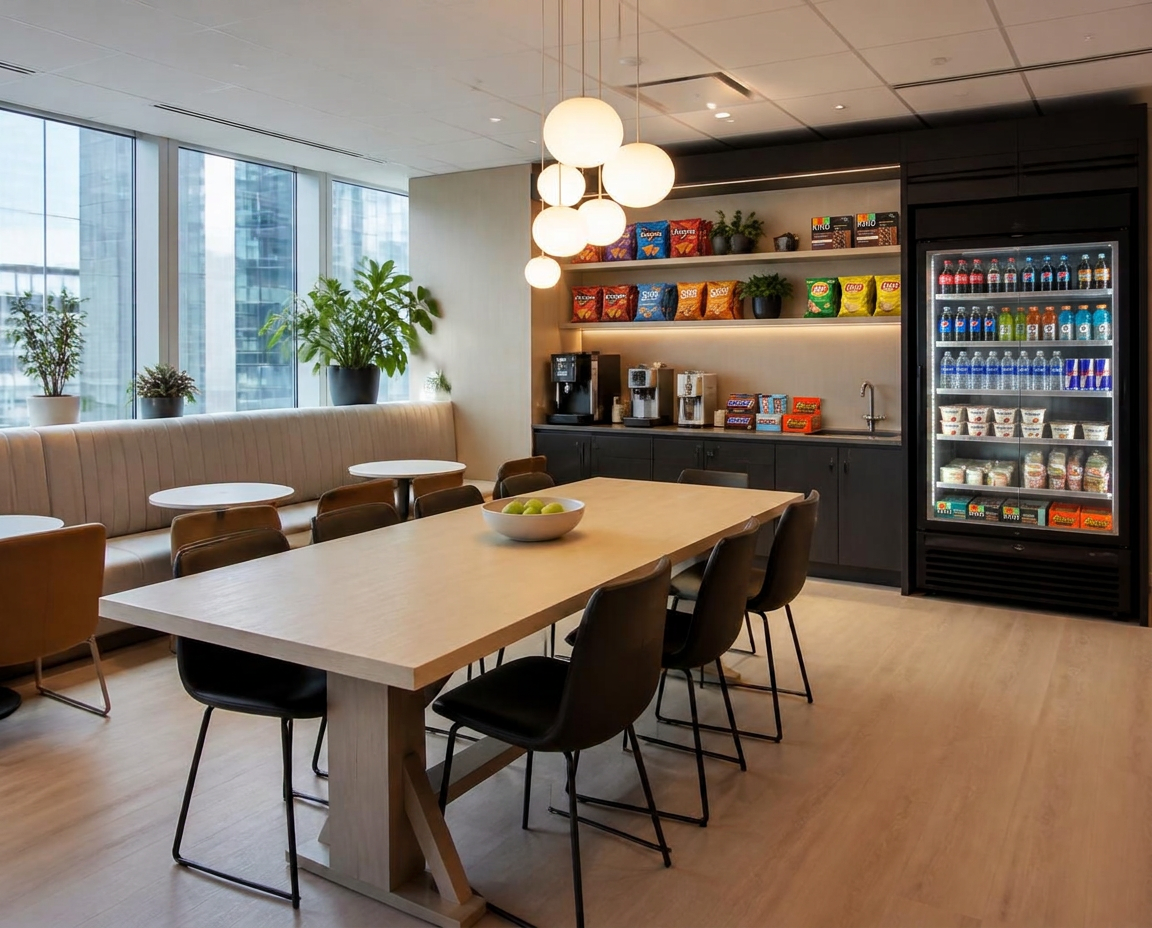 Contemporary employee breakroom with a communal table, coffee station and refreshment cooler