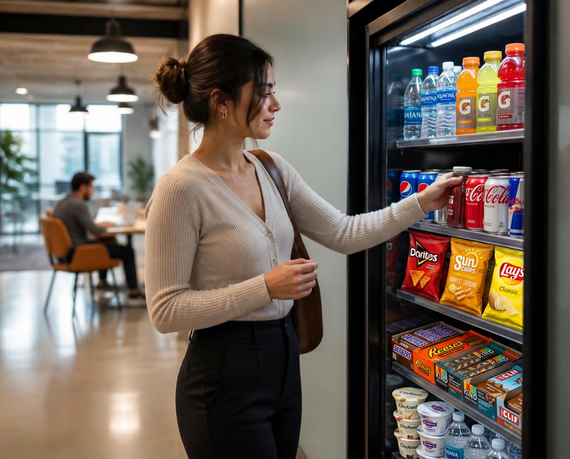 An employee choosing a bottled drink from an open smart cooler in an office common area