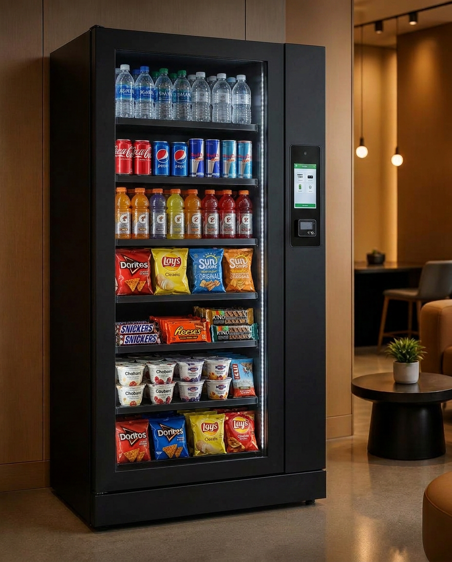 A glass-front smart cooler stocked with water, canned coffee, juice, sandwiches, yogurt and snacks in a warm modern lounge