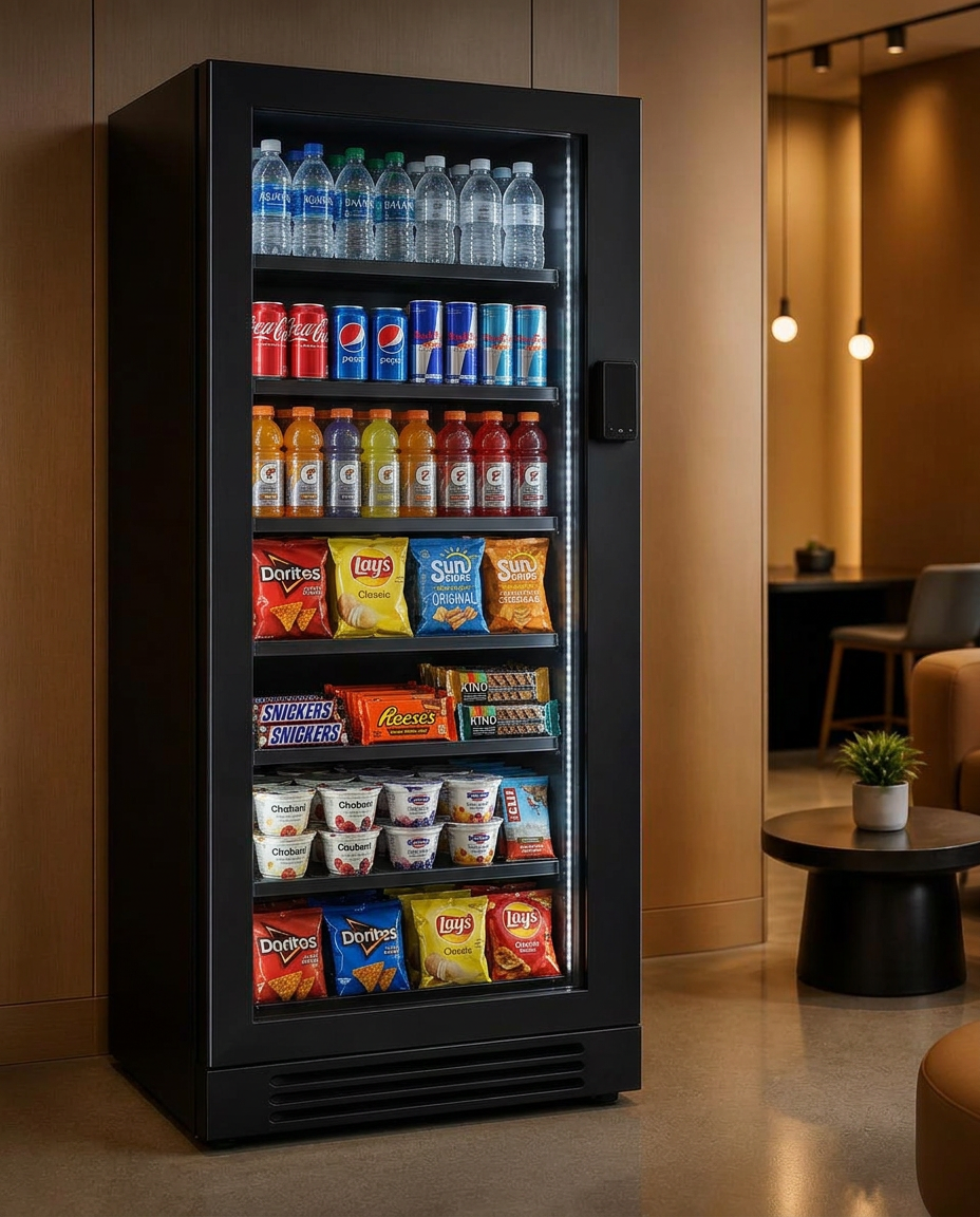 A glass-front smart cooler stocked with water, canned coffee, juice, sandwiches, yogurt and snacks in a warm modern lounge